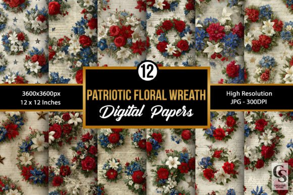 American Floral Wreath Digital Papers