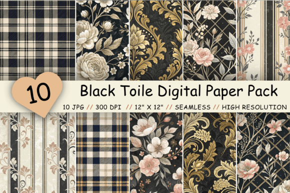 Black Toile Digital Paper Pack, Vintage
