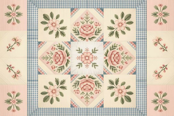 Blue Checkered Gingham Rose Quilt
