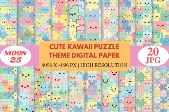 Cute Kawaii Puzzle Theme Digital Paper