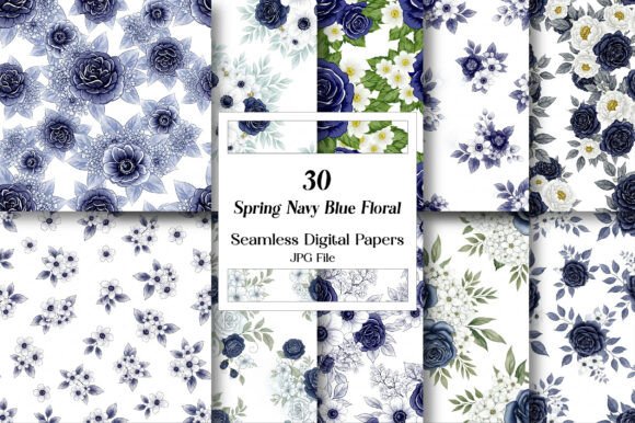Spring Navy Blue Floral Digital Paper: A Timeless Fusion of Elegance and Nature